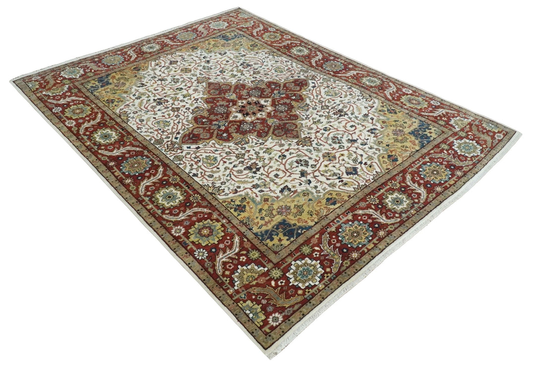 Premium Look Ivory, Brown and Beige 8x10 Hand knotted Traditional Heriz Serapi Floral Wool Area Rug - The Rug Decor