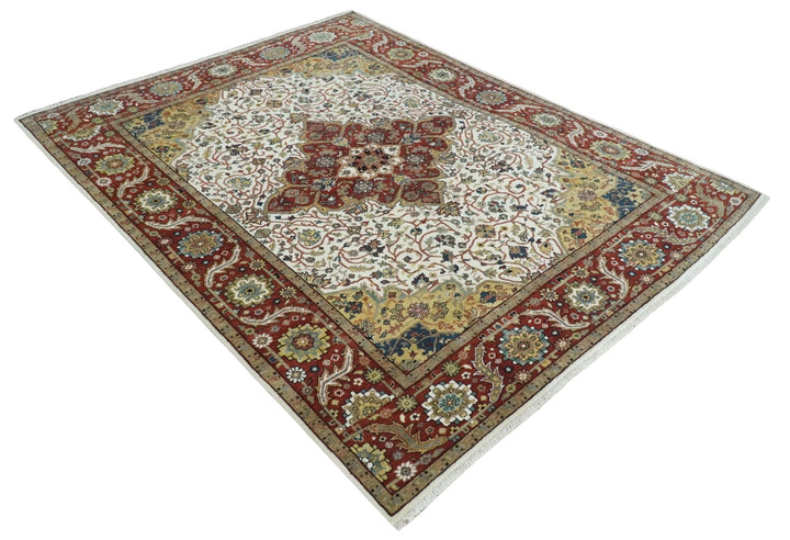 Premium Look Ivory, Brown and Beige 8x10 Hand knotted Traditional Heriz Serapi Floral Wool Area Rug - The Rug Decor