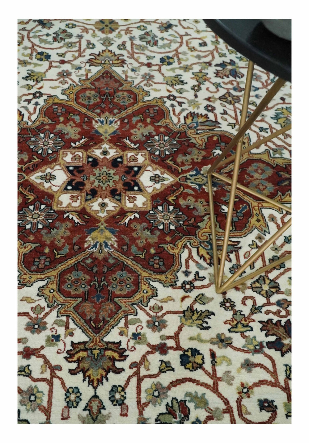 Premium Look Ivory, Brown and Beige 8x10 Hand knotted Traditional Heriz Serapi Floral Wool Area Rug - The Rug Decor