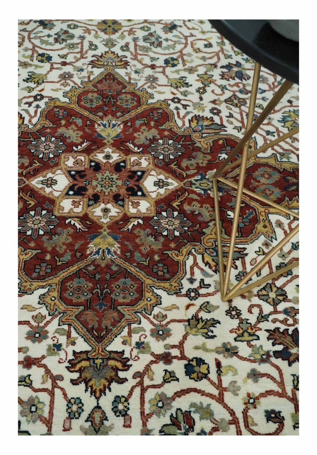 Premium Look Ivory, Brown and Beige 8x10 Hand knotted Traditional Heriz Serapi Floral Wool Area Rug - The Rug Decor