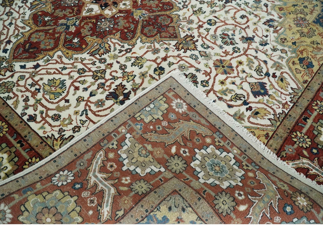 Premium Look Ivory, Brown and Beige 8x10 Hand knotted Traditional Heriz Serapi Floral Wool Area Rug - The Rug Decor
