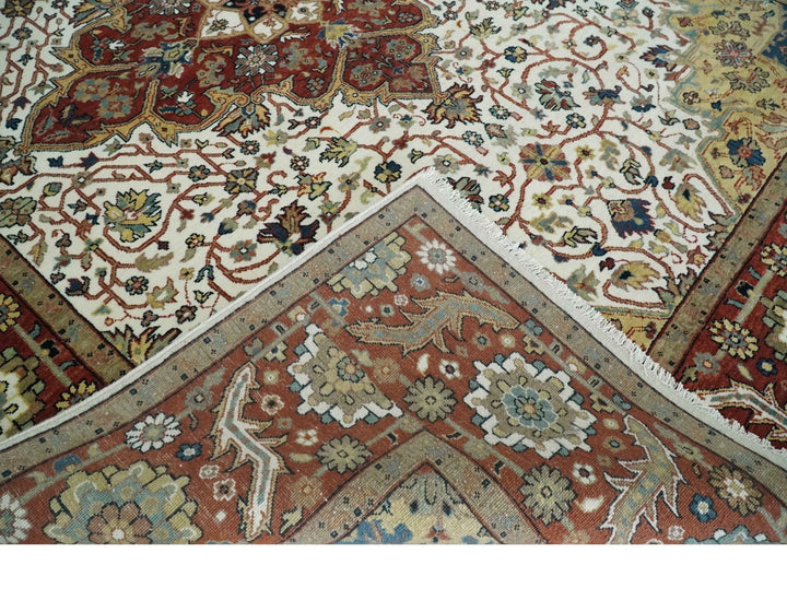 Premium Look Ivory, Brown and Beige 8x10 Hand knotted Traditional Heriz Serapi Floral Wool Area Rug - The Rug Decor