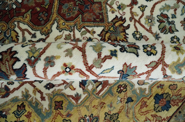 Premium Look Ivory, Brown and Beige 8x10 Hand knotted Traditional Heriz Serapi Floral Wool Area Rug - The Rug Decor