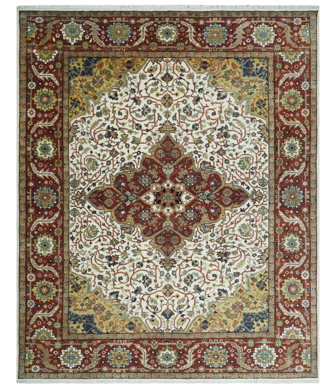 Premium Look Ivory, Brown and Beige 8x10 Hand knotted Traditional Heriz Serapi Floral Wool Area Rug - The Rug Decor