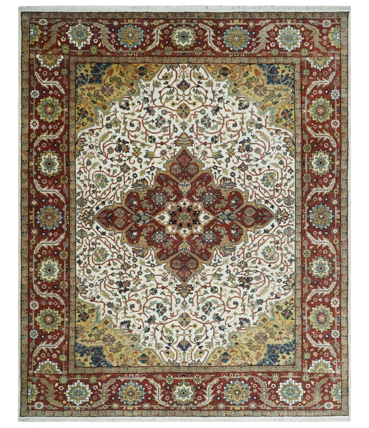 Premium Look Ivory, Brown and Beige 8x10 Hand knotted Traditional Heriz Serapi Floral Wool Area Rug - The Rug Decor