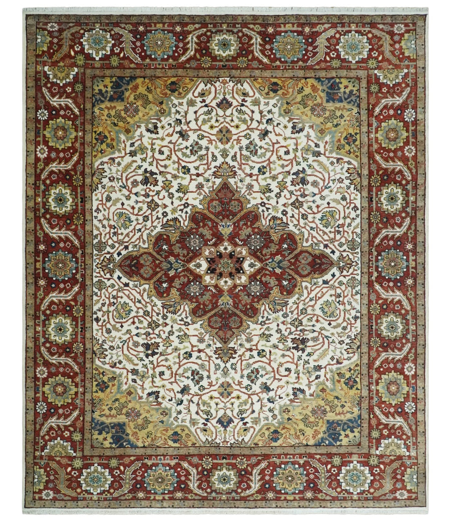 Premium Look Ivory, Brown and Beige 8x10 Hand knotted Traditional Heriz Serapi Floral Wool Area Rug - The Rug Decor