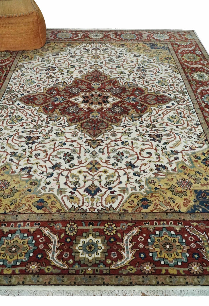 Premium Look Ivory, Brown and Beige 8x10 Hand knotted Traditional Heriz Serapi Floral Wool Area Rug - The Rug Decor