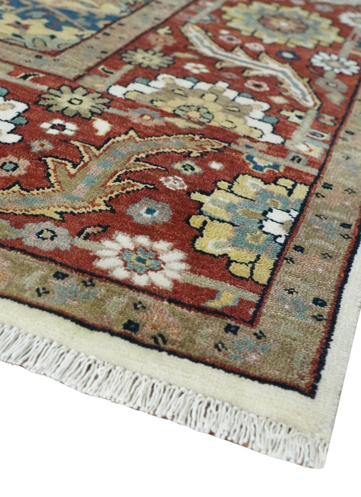Premium Look Ivory, Brown and Beige 8x10 Hand knotted Traditional Heriz Serapi Floral Wool Area Rug - The Rug Decor