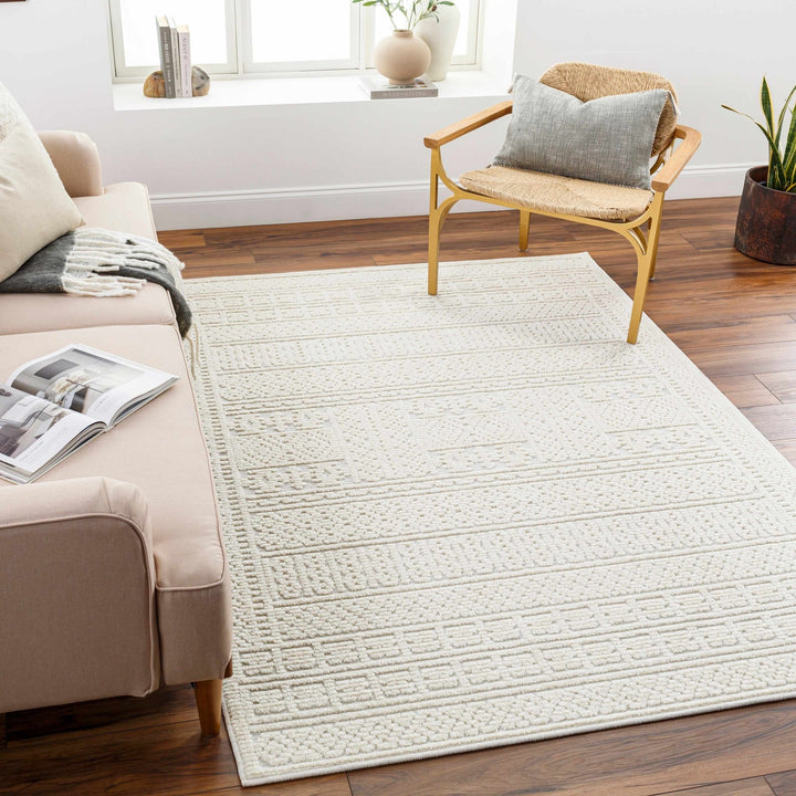 Premium look Machine Woven Carved Pattern Solid Beige Machine Washable Rug - The Rug Decor