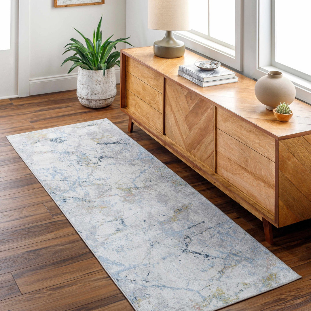 Premium Look Modern Abstract Silver, Light Gray and Blue Machine Washable Rugs - The Rug Decor