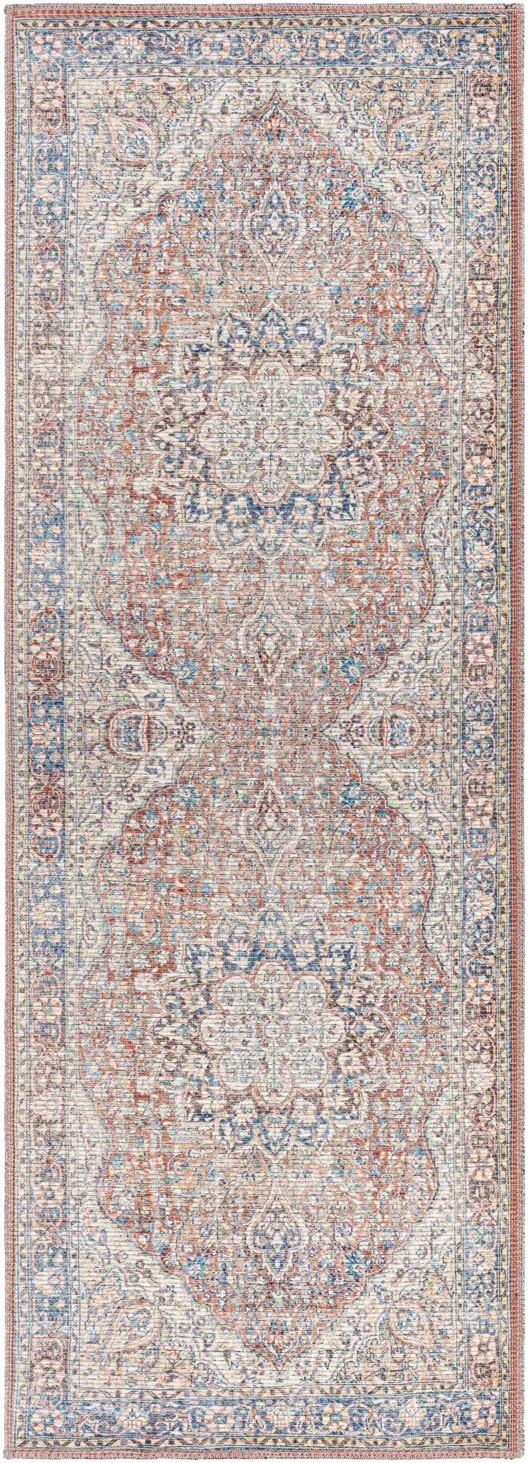 Premium Look Traditional Ivory, Blue and Rust Medallion Vintage Style Washable Rug - The Rug Decor