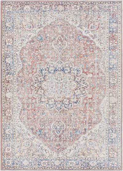 Premium Look Traditional Ivory, Blue and Rust Medallion Vintage Style Washable Rug - The Rug Decor