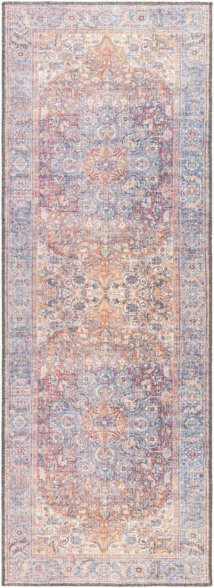 Premium Look Traditional Vintage Style Blue, Brown, Rust and Ivory Medallion Design Machine Washable Rug - The Rug Decor