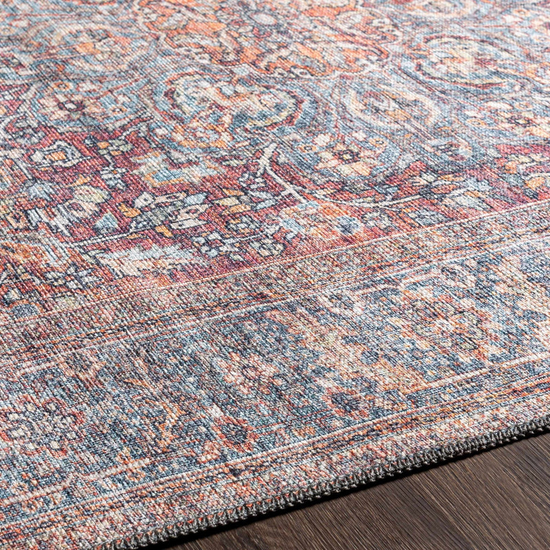 Premium Look Traditional Vintage Style Blue, Brown, Rust and Ivory Medallion Design Machine Washable Rug - The Rug Decor