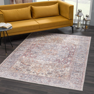 Premium Look Traditional Vintage Style Blue, Brown, Rust and Ivory Medallion Design Machine Washable Rug - The Rug Decor