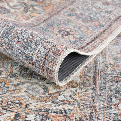 Premium Look Traditional Vintage Style Blue, Brown, Rust and Ivory Medallion Design Machine Washable Rug - The Rug Decor