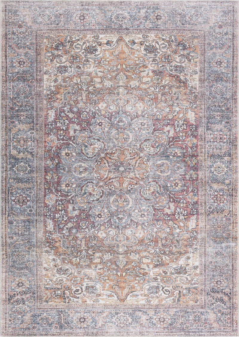 Premium Look Traditional Vintage Style Blue, Brown, Rust and Ivory Medallion Design Machine Washable Rug - The Rug Decor