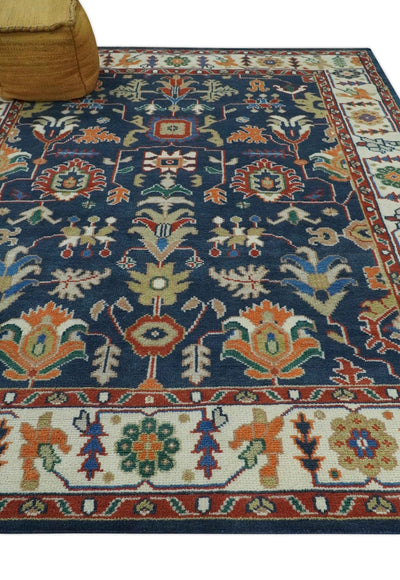 Premium look Vibrant Colorful Blue, Ivory, Rust and Orange Traditional Hand Knotted Oriental Oushak 8x10 wool Area Rug - The Rug Decor