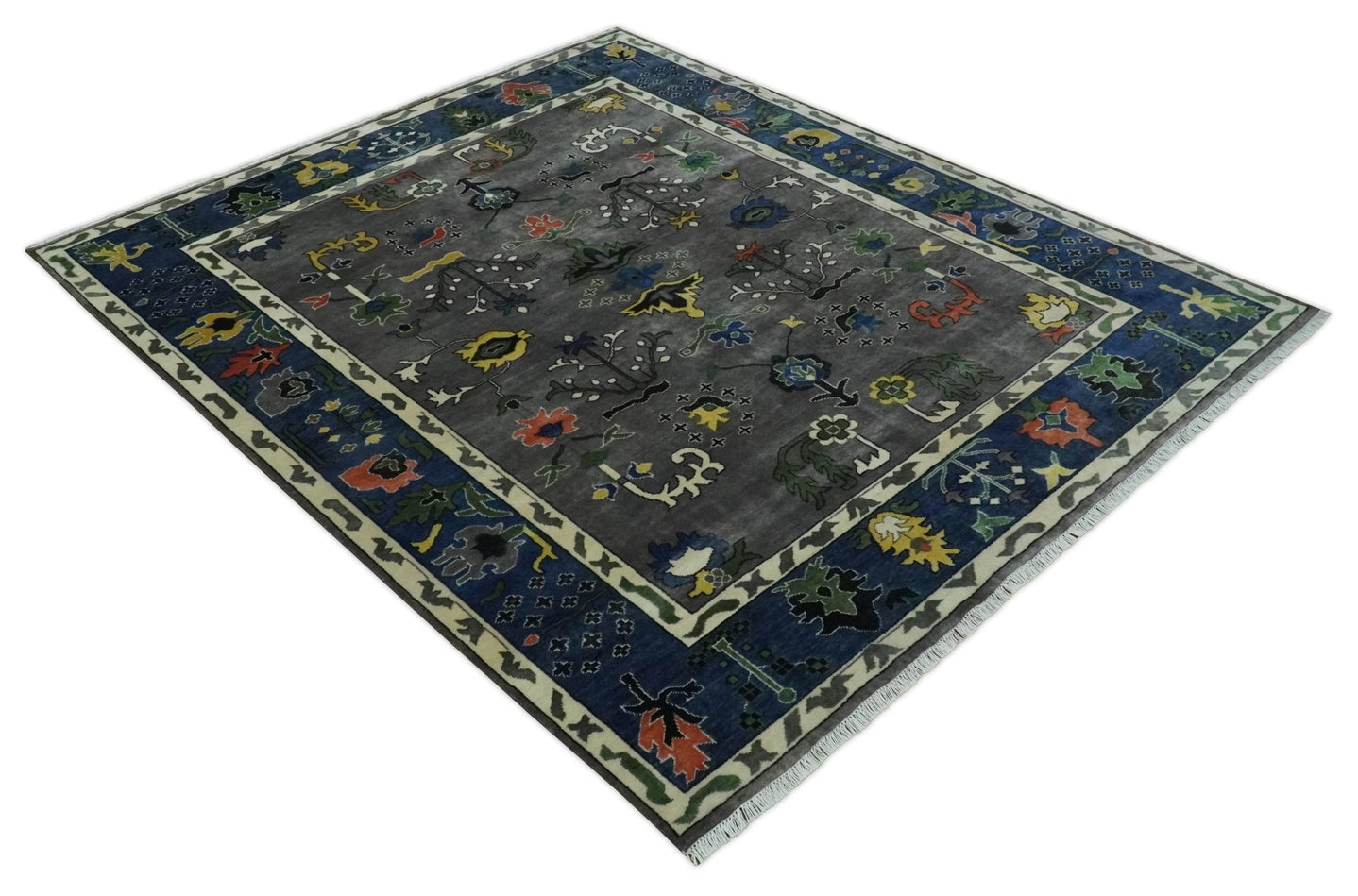 Premium look Vibrant Colorful Charcoal, Blue and Ivory Hand knotted Traditional Floral 8x10 wool Area Rug - The Rug Decor