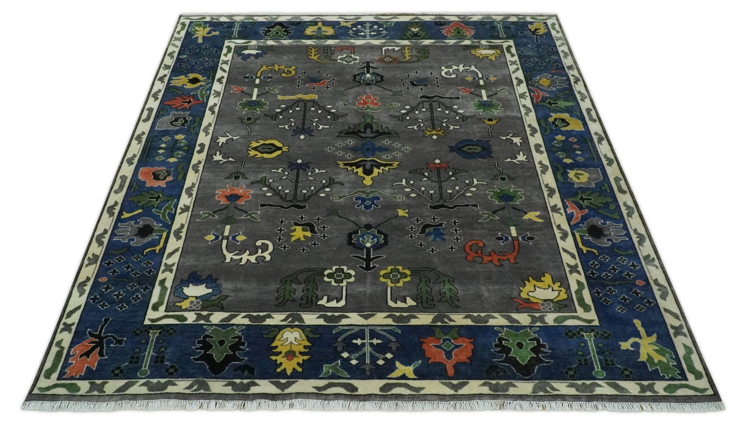 Premium look Vibrant Colorful Charcoal, Blue and Ivory Hand knotted Traditional Floral 8x10 wool Area Rug - The Rug Decor