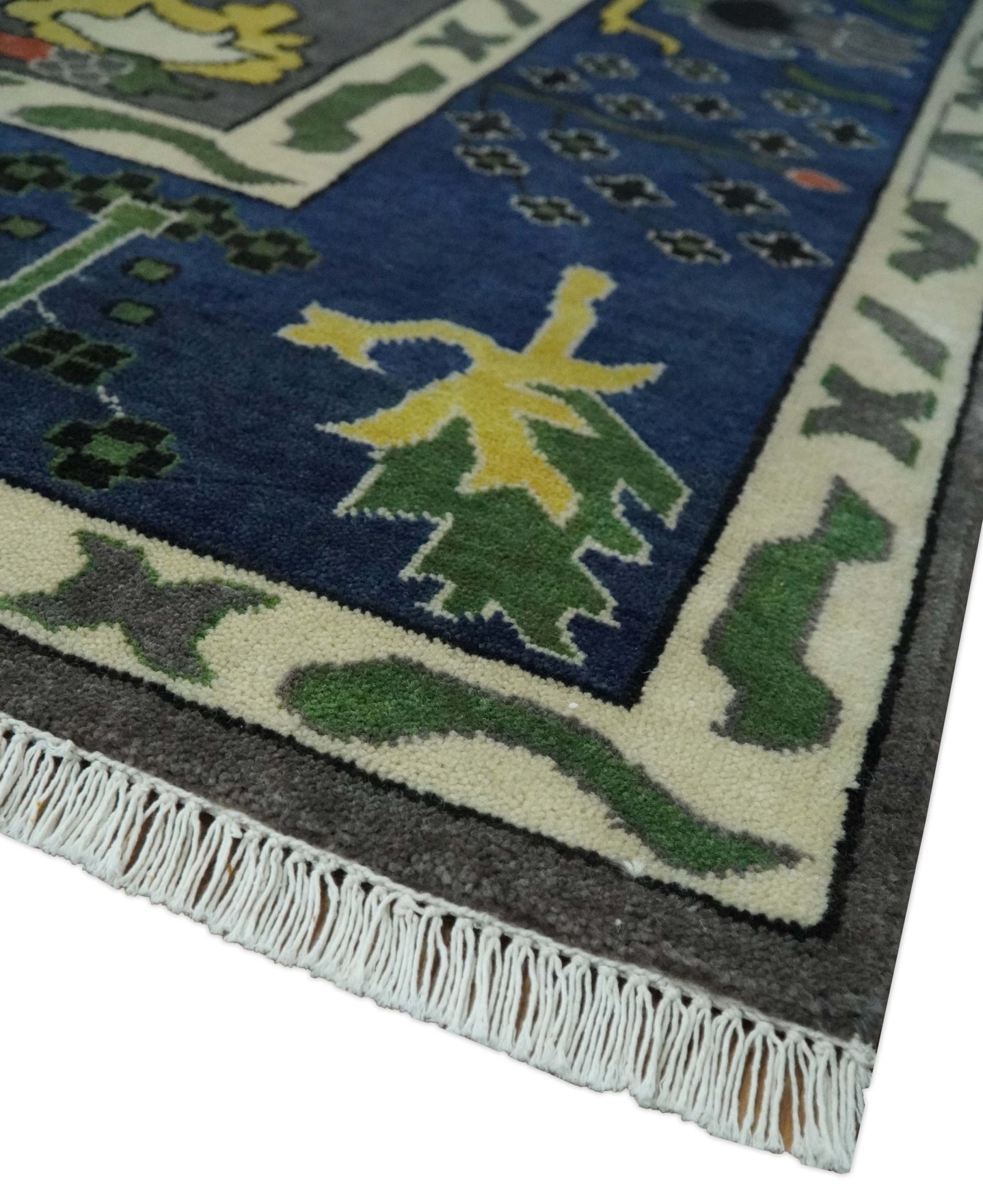 Premium look Vibrant Colorful Charcoal, Blue and Ivory Hand knotted Traditional Floral 8x10 wool Area Rug - The Rug Decor