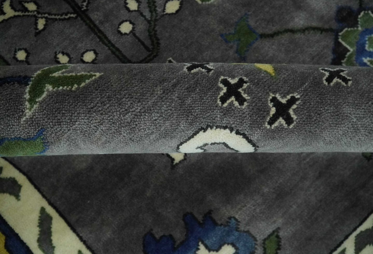 Premium look Vibrant Colorful Charcoal, Blue and Ivory Hand knotted Traditional Floral 8x10 wool Area Rug - The Rug Decor