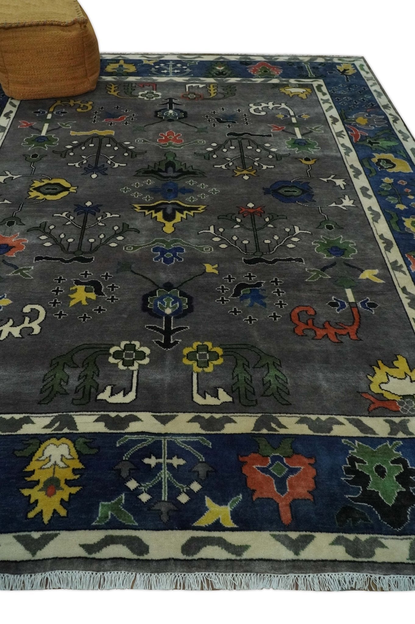 Premium look Vibrant Colorful Charcoal, Blue and Ivory Hand knotted Traditional Floral 8x10 wool Area Rug - The Rug Decor