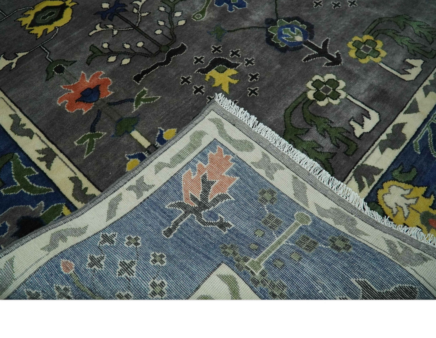 Premium look Vibrant Colorful Charcoal, Blue and Ivory Hand knotted Traditional Floral 8x10 wool Area Rug - The Rug Decor