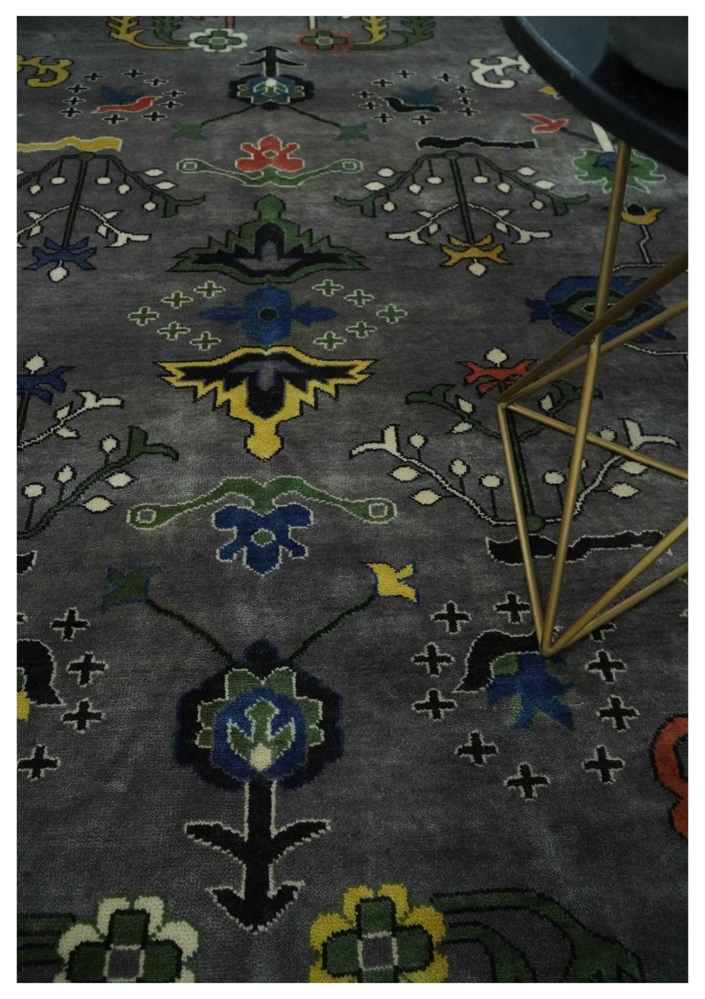 Premium look Vibrant Colorful Charcoal, Blue and Ivory Hand knotted Traditional Floral 8x10 wool Area Rug - The Rug Decor