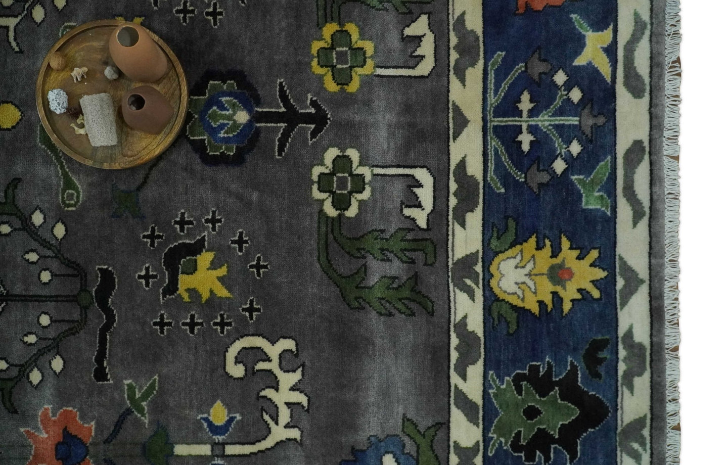 Premium look Vibrant Colorful Charcoal, Blue and Ivory Hand knotted Traditional Floral 8x10 wool Area Rug - The Rug Decor