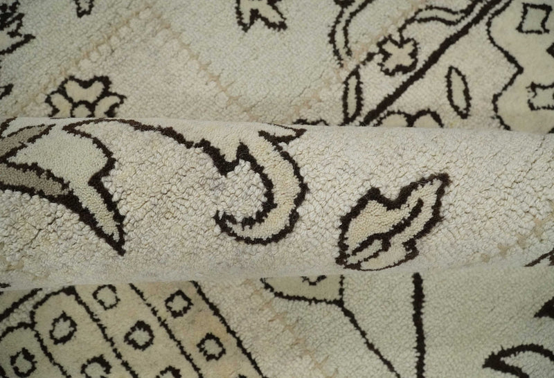 Premium one of a kind 5x8 Ivory and Brown Floral Hand Tufted Wool Area Rug - The Rug Decor