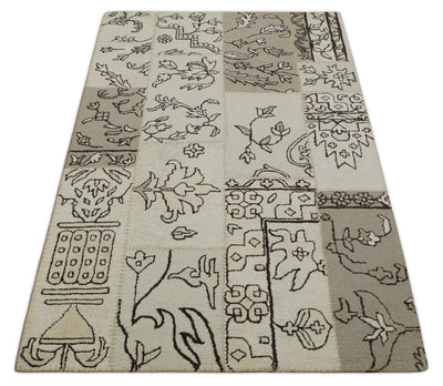 Premium one of a kind 5x8 Ivory and Brown Floral Hand Tufted Wool Area Rug - The Rug Decor