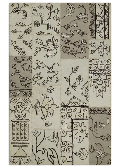 Premium one of a kind 5x8 Ivory and Brown Floral Hand Tufted Wool Area Rug - The Rug Decor