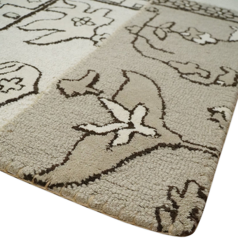Premium one of a kind 5x8 Ivory and Brown Floral Hand Tufted Wool Area Rug - The Rug Decor