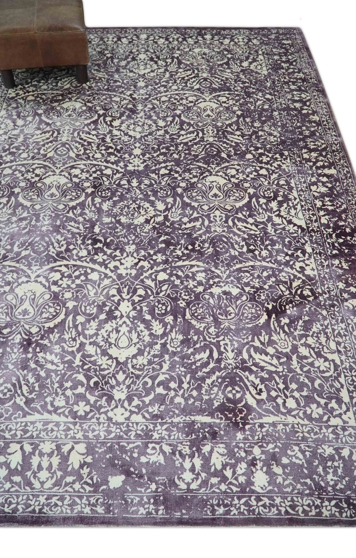 Premium Style Floral Ivory and Dark Purple 5.6x8 Handloom Wool and Viscose Area Rug - The Rug Decor