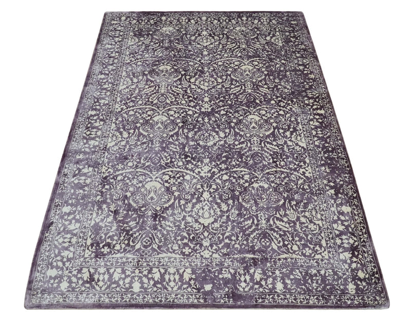Premium Style Floral Ivory and Dark Purple 5.6x8 Handloom Wool and Viscose Area Rug - The Rug Decor