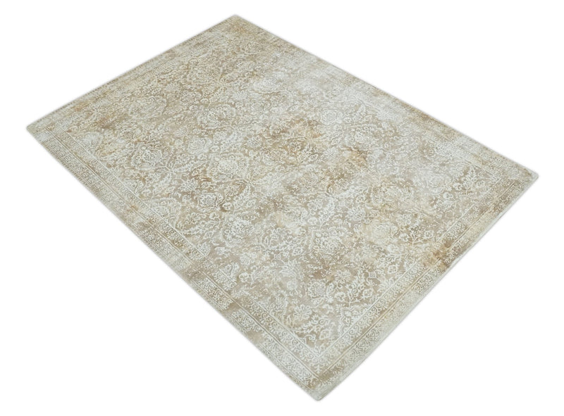 Premium Style Floral Traditional Ikat Large Design Camel and Ivory 5.6x7.9 Hand loom Viscose Area Rug - The Rug Decor