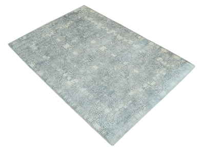 Premium Style Gray and Ivory Traditional Ikat Large design 5.6x8 Hand loom Wool and Viscose Area Rug - The Rug Decor