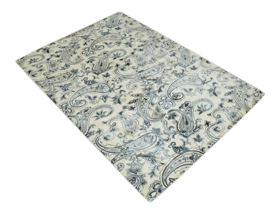 Premium Style Ivory and Charcoal Hand loom 5.6x8 Boteh Design Viscose Area Rug - The Rug Decor
