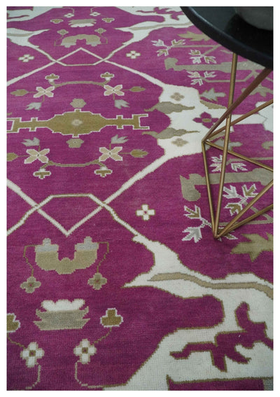 Purple, Ivory and Olive Traditional Hand knotted Oriental Oushak 9x12 wool Area Rug - The Rug Decor
