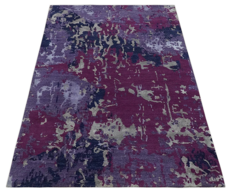 Purple, Violet, Gray and Blue Hand Knotted 4x6 Abstract Wool and Viscose Area Rug - The Rug Decor