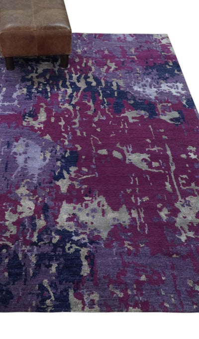 Purple, Violet, Gray and Blue Hand Knotted 4x6 Abstract Wool and Viscose Area Rug - The Rug Decor
