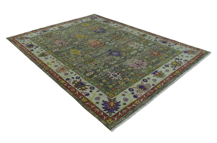 Ready 9x12 Traditional Moss Green and Silver Hand knotted Oushak Wool Area Rug - The Rug Decor