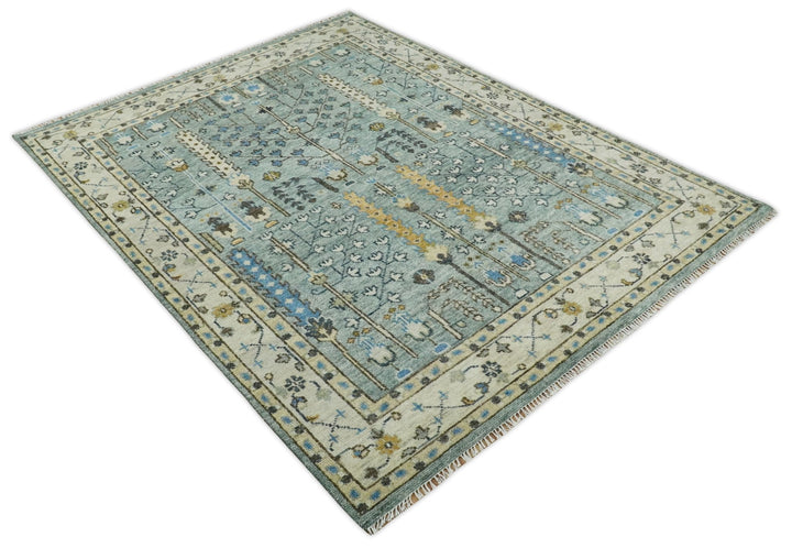 Ready to Ship 8x10, 9x12 Aqua and Ivory Tree Design Hand Knotted Wool Area Rug - The Rug Decor