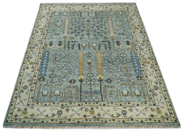 Ready to Ship 8x10, 9x12 Aqua and Ivory Tree Design Hand Knotted Wool Area Rug - The Rug Decor