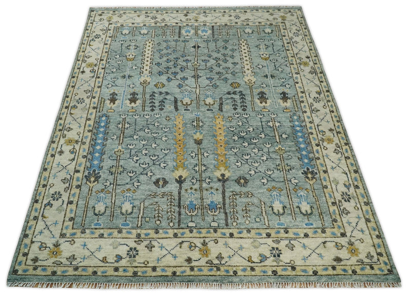 Ready to Ship 8x10, 9x12 Aqua and Ivory Tree Design Hand Knotted Wool Area Rug - The Rug Decor