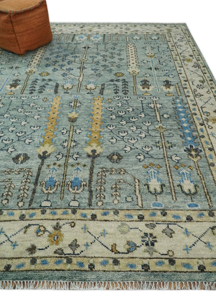 Ready to Ship 8x10, 9x12 Aqua and Ivory Tree Design Hand Knotted Wool Area Rug - The Rug Decor