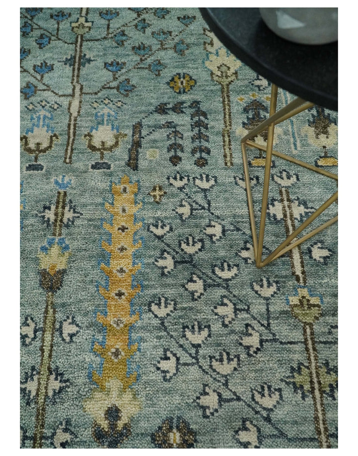 Ready to Ship 8x10, 9x12 Aqua and Ivory Tree Design Hand Knotted Wool Area Rug - The Rug Decor
