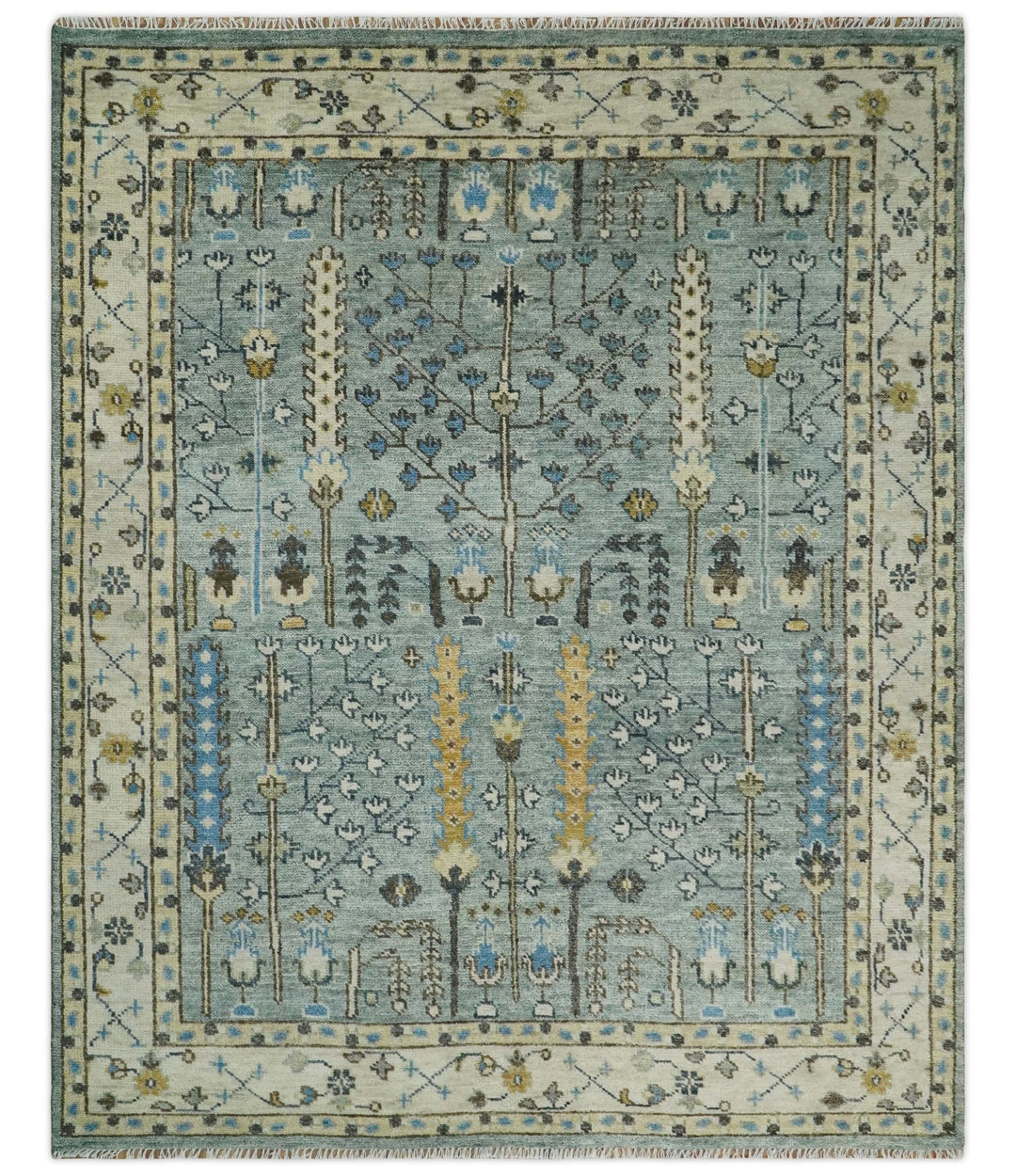 Ready to Ship 8x10, 9x12 Aqua and Ivory Tree Design Hand Knotted Wool Area Rug - The Rug Decor