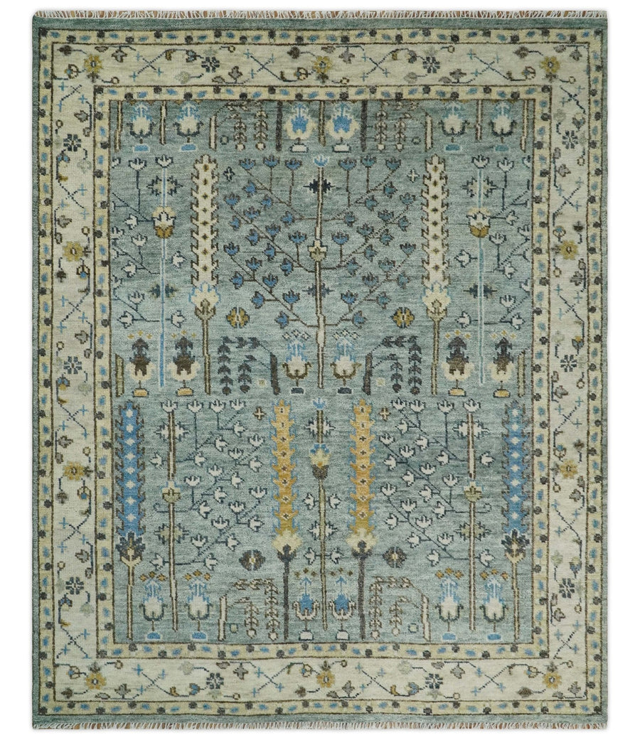 Ready to Ship 8x10, 9x12 Aqua and Ivory Tree Design Hand Knotted Wool Area Rug - The Rug Decor